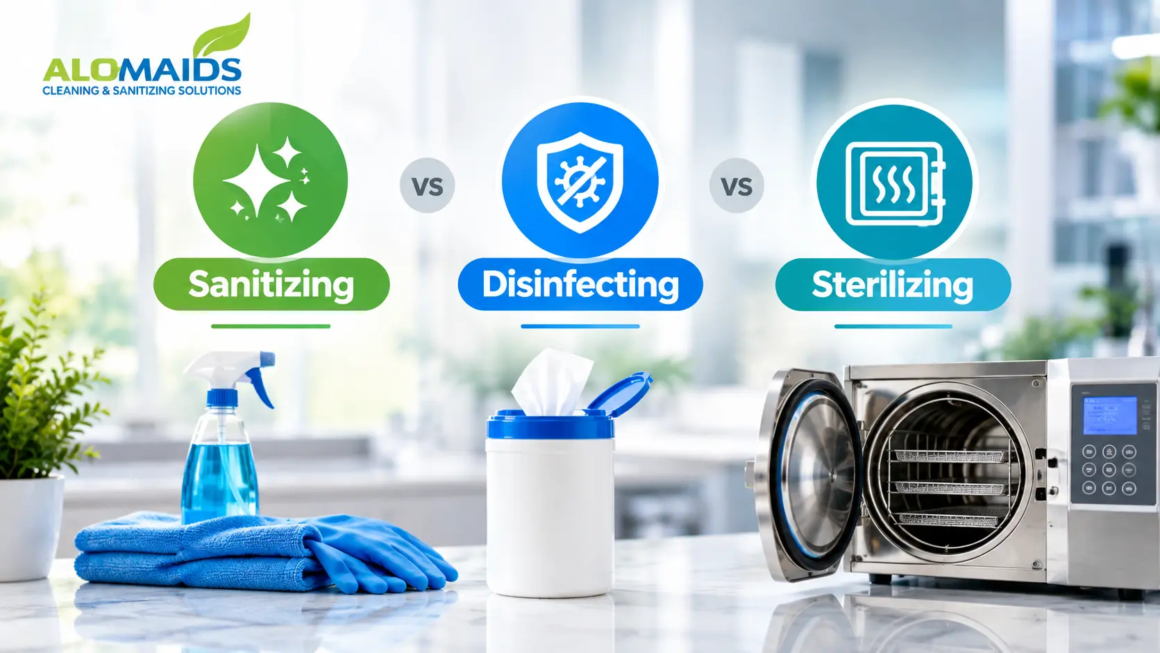 Sanitizing vs disinfecting vs sterilizing cleaning methodsAlt Text: Sanitizing vs disinfecting vs sterilizing cleaning methods