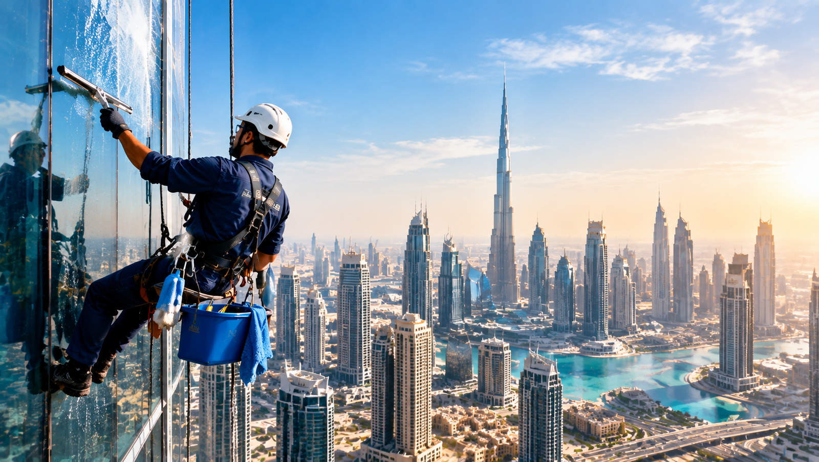 Window Cleaner Above Dubai Skyline